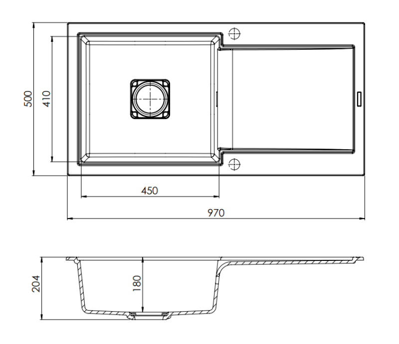 GraniteMy Zafiri Fekete Gránit Mosogatótálca 97x50 cm Csepegtetővel, Megfordítható, Fekete Négyzet Alakú Lefolyófedéllel 1208969997
