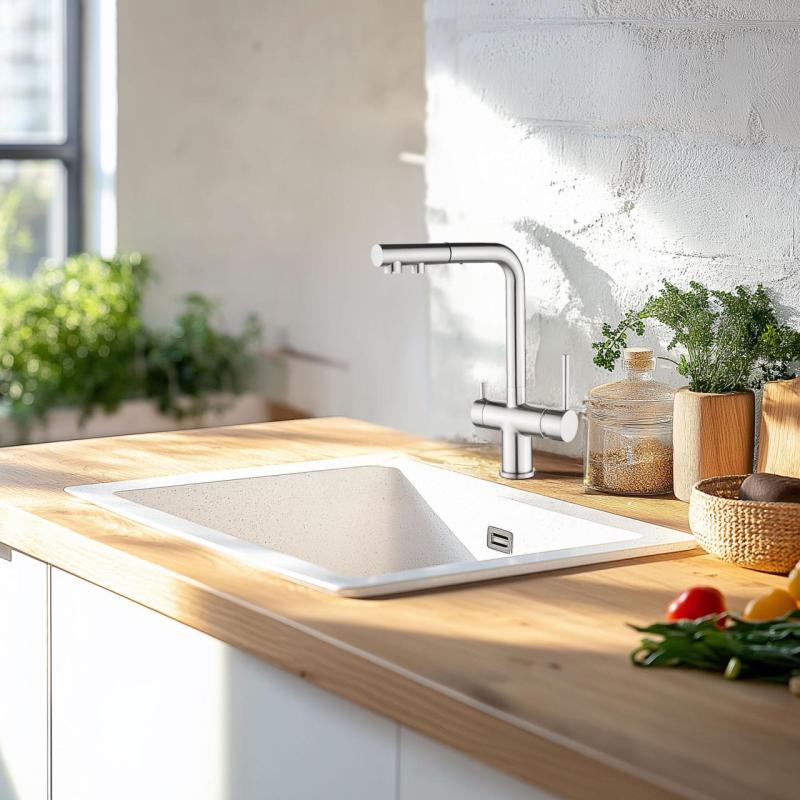 Ausmann Ellington 3-utas konyhai csaptelep kihúzható kifolyóval és szűrt vízzel – rozsdamentes acél - 1208970082