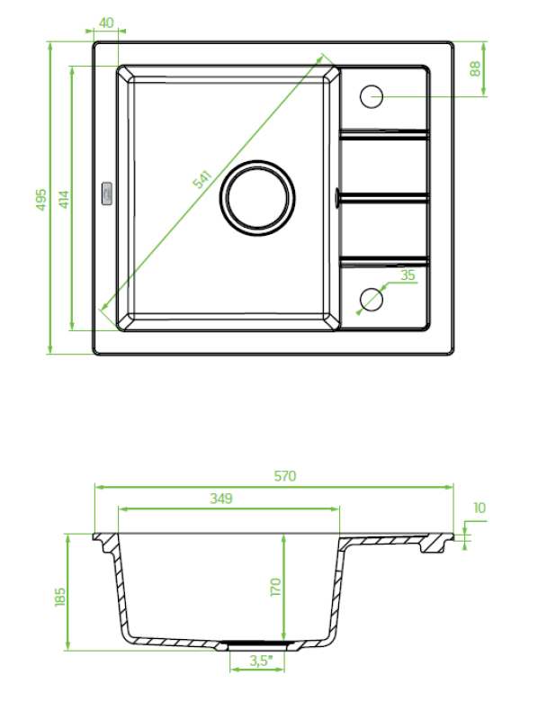 Aquadesign Somerset Gránit Felépítmény Mosogató Antracit kis Csepegtetőrésszel 570 x 495 mm 1208970084
