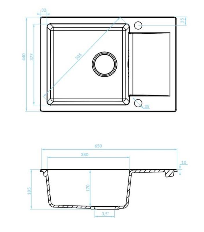 Aquadesign Kensley Gránit Mosogatótálca Antracit kis Csepegtetőrésszel 65 x 44 cm 1208970085