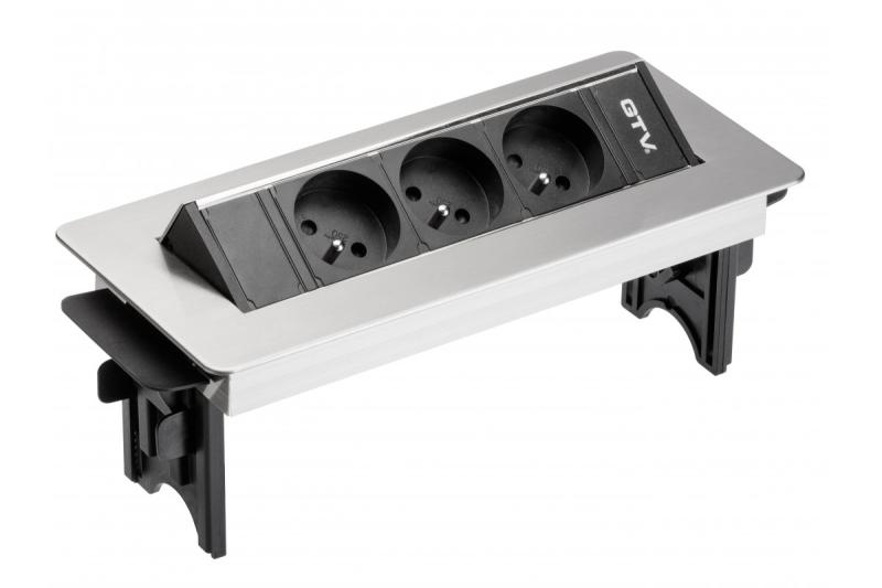 Asztali hosszabbító kábel kazetta nélkül, 3-szoros földelt aljzat, 1,5 m-es tápkábel dugóval, rozsdamentes acél.