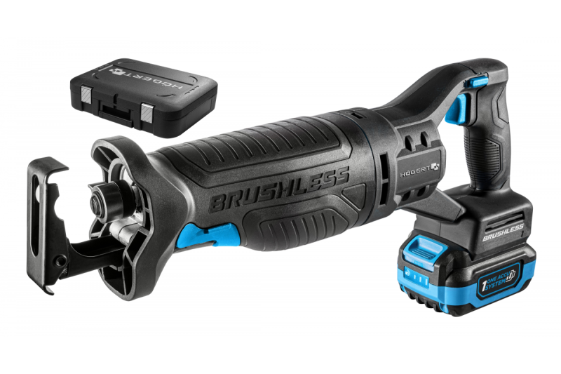 HÖGERT akkumulátoros szablyafűrész készlet, 18V, kefementes, akkumulátor, töltő, tartozékok