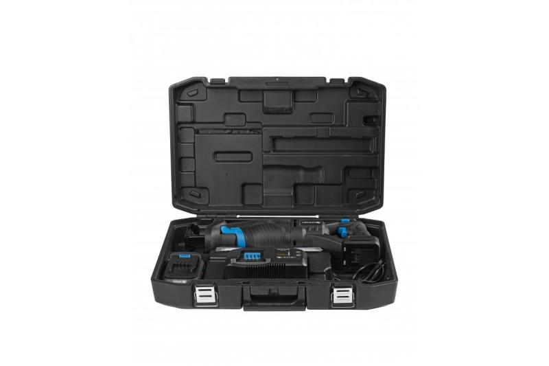 HÖGERT akkumulátoros szablyafűrész készlet, 18V, kefementes, akkumulátor, töltő, tartozékok