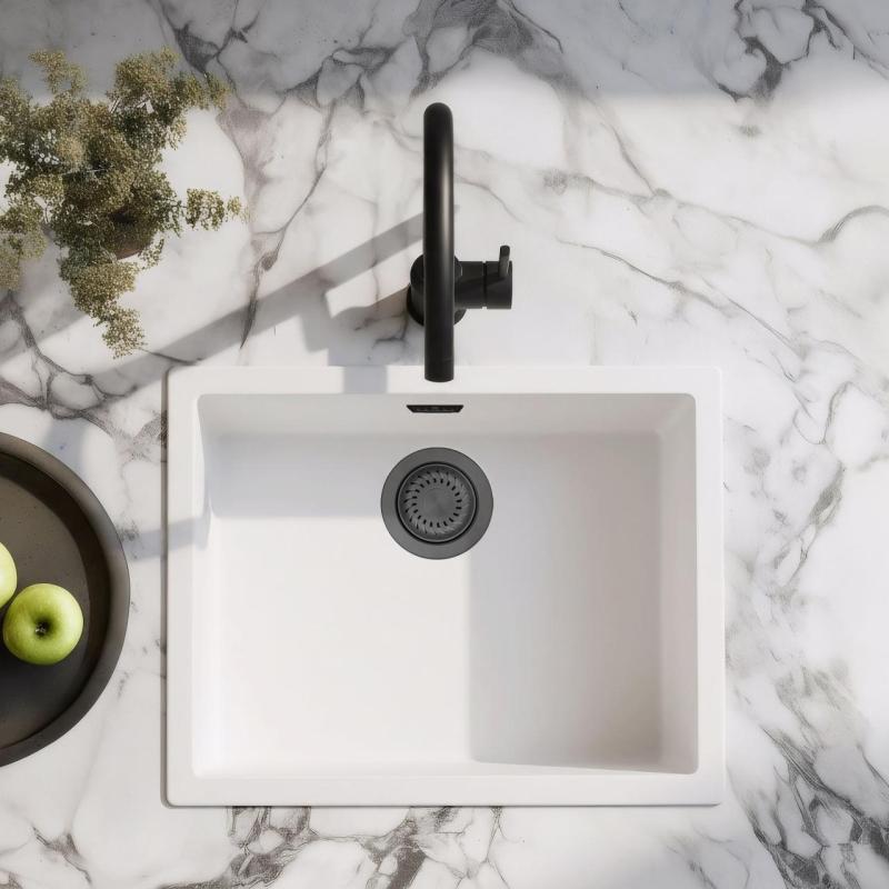 Fehér Mosdókagyló 50x40 cm Alsó, Felső és Síkba Építhető Gun Metal Dugóval 1208970529