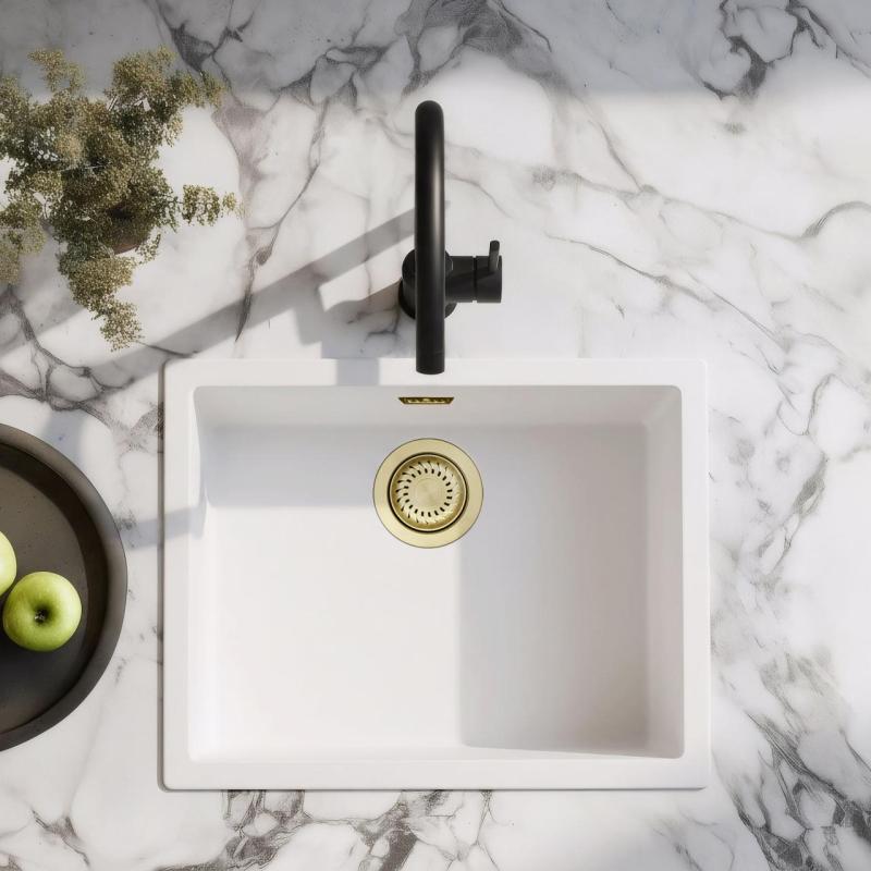 Fehér mosogató 50x40 cm Alulról, Felülről és Lapba Szerelhető Arany Dugóval 1208970532