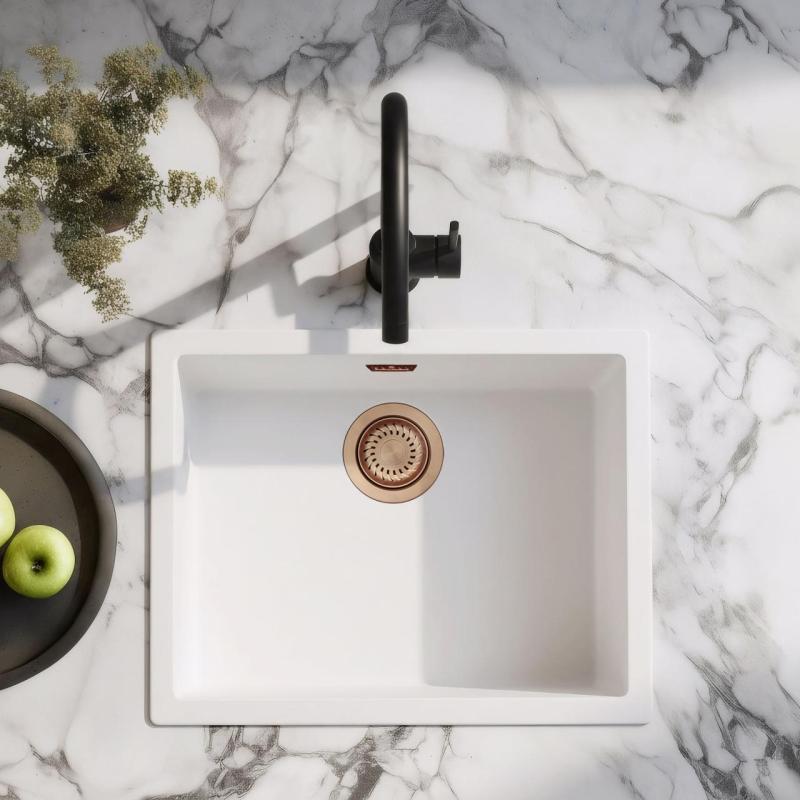 Fehér mosogató 50x40 cm Alulról beépített, Felületre szerelt és Síkba épített réz dugóval 1208970533