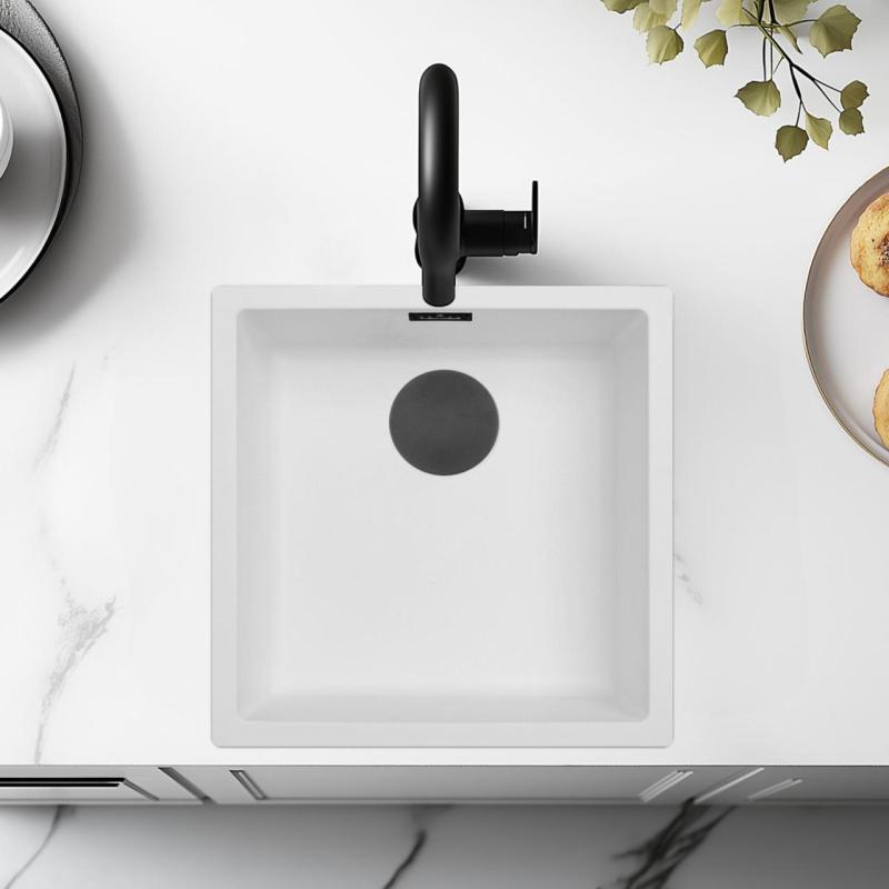 Fehér Mosogató 40x40 cm Alulról épített, Felülről épített és Síkba épített Matt Fekete Dugóval 1208970535