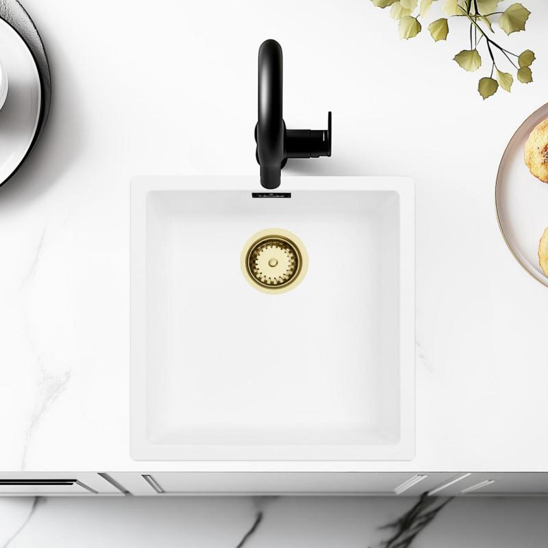 Fehér Mosogató 40x40 cm Alul-, Felül- és Síkbeépítéshez Arany Dugóval 1208970537