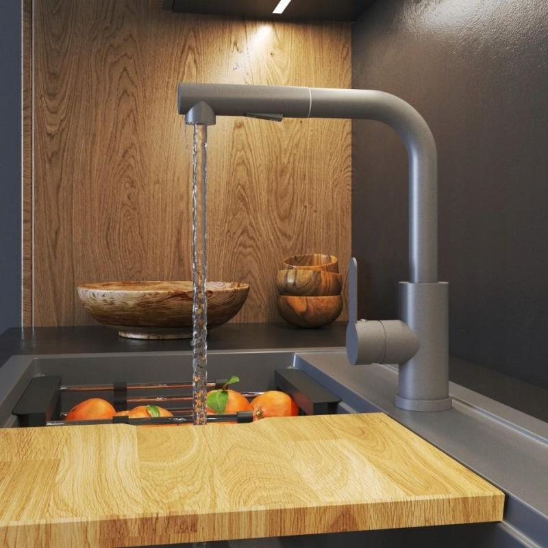 Gránitland Celeste Konyhai Csaptelep Szürke Kihúzható Kifolyóval és Kettős Funkciójú Kézi Zuhanyzóval 1208970663
