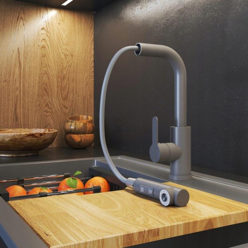 Gránitland Celeste Konyhai Csaptelep Szürke Kihúzható Kifolyóval és Kettős Funkciójú Kézi Zuhanyzóval 1208970663