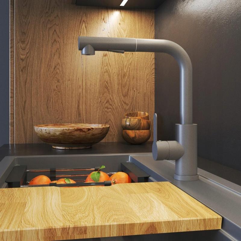 Gránitland Celeste Konyhai Csaptelep Szürke Kihúzható Kifolyóval és Kettős Funkciójú Kézi Zuhanyzóval 1208970663