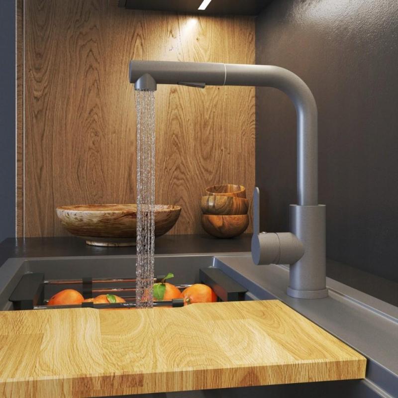 Gránitland Celeste Konyhai Csaptelep Szürke Kihúzható Kifolyóval és Kettős Funkciójú Kézi Zuhanyzóval 1208970663