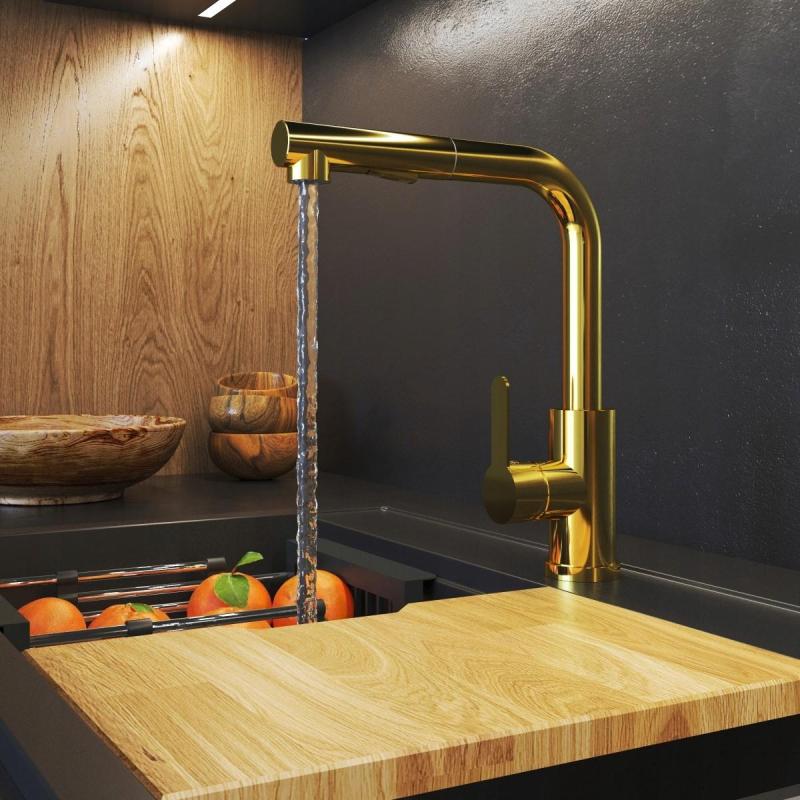 Gránitland Celeste Konyhai Csaptelep Arany Kihúzható Kifolyóval és Kézi Zuhanyzóval Kettős Funkcióval 1208970664.