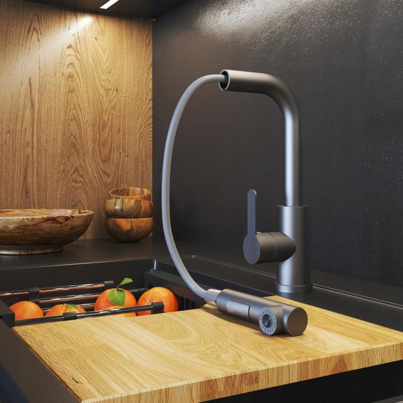 Gránitland Celeste Konyhai Csaptelep Fegyverfém Kihúzható Kifolyóval és Kettős Funkciójú Kézi Zuhannyal 1208970666