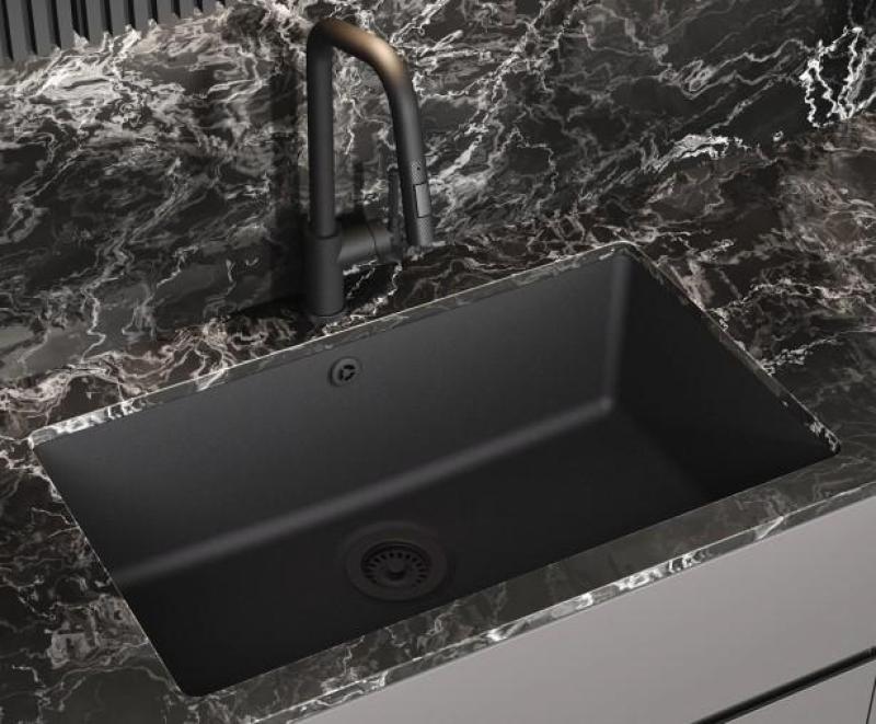 AquaGranite Modulo R19 large granite black sink 76x43 cm undermount and top mount with stainless steel plug 1208970688