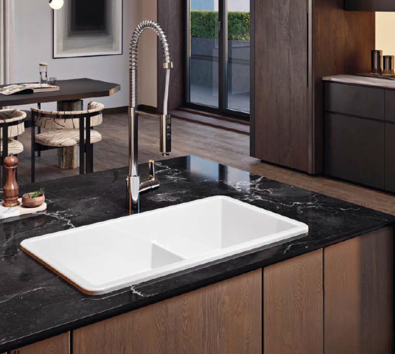 Ausmann Ceramic Ember Kerámia Fehér Másfél Mosogató Beépítve és Alulról Szerelve 733 x 401 mm Rozsdamentes Acél dugókkal 1208970737