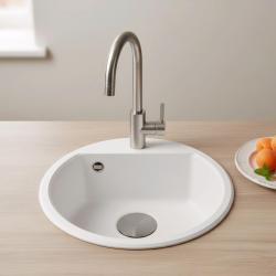 GraniteMy Bremen kerek gránit mosogató 43 cm fehér felületre és aláépítésre készülő csaplyukkal és gun metal dugóval 1208971220