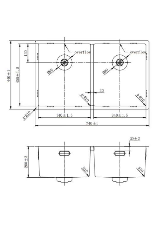 Pure.Sink Prestige Dupla rozsdamentes acél mosogató 70x40 cm 10mm sugárú alulról felszerelhető, lapos és felületre szerelhető PPG343440-02