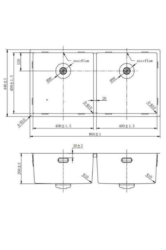 Pure.Sink Prestige Dupla Réz mosogató 82x40 cm 10mm sugár alulról, lapos építésű és felépítő PPG404040-62