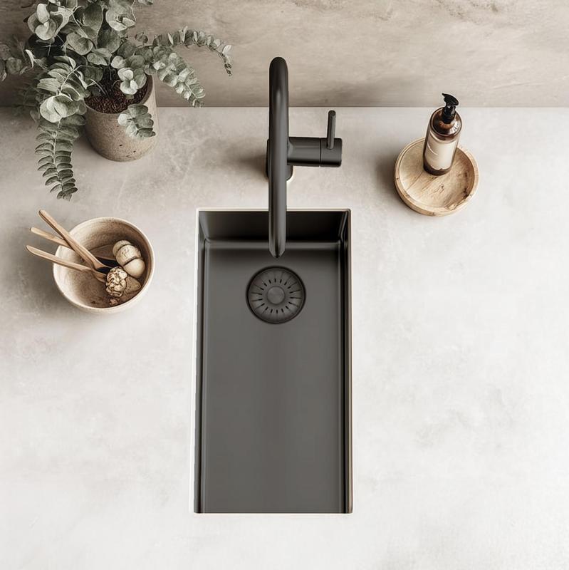 Pure.Sink Exclusivo Gun metal kis mosogató 18x40 cm 10mm sugár alulról, lapos beépítés és felületi beépítés PEX1840-61