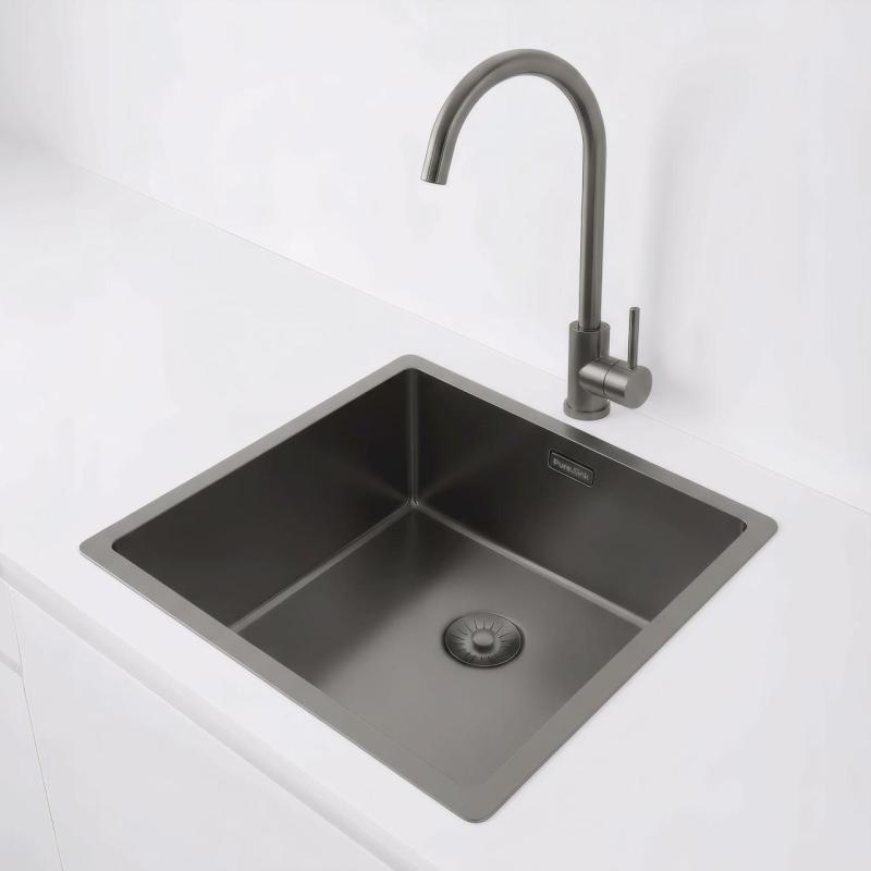 Pure.Sink Exclusivo Gun metal mosogató 40x40 cm 10mm sugár alulról, lapos építésű és felépített PEX4040-61