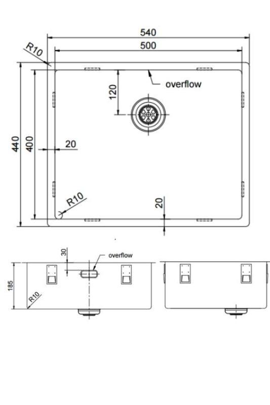 Pure.Sink Exclusivo Gun metal mosogató 50x40 cm 10mm sugárzó alulról, lapos építés és felépítés PEX5040-61