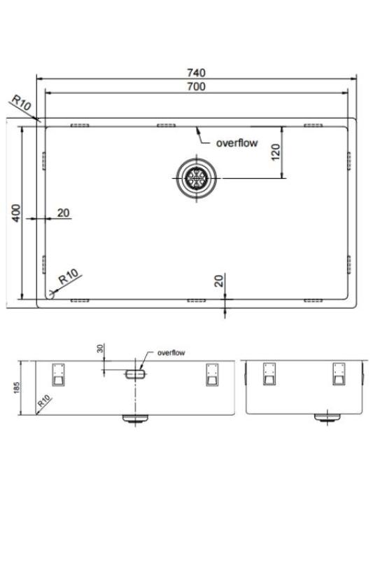 Pure.Sink Exclusivo nagy rozsdamentes acél mosogató 70x40 cm 10mm sugárzású alulról, síkbeépítéssel és felületre szereléssel PEX7040-02