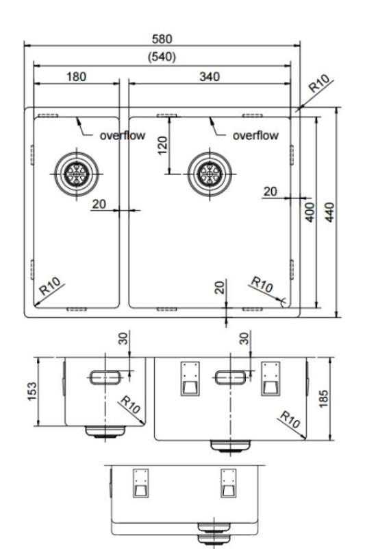 Pure.Sink Exclusivo RVS 1,5 másfél mosogató 18+34 cm 10mm sugár PEX183440-02