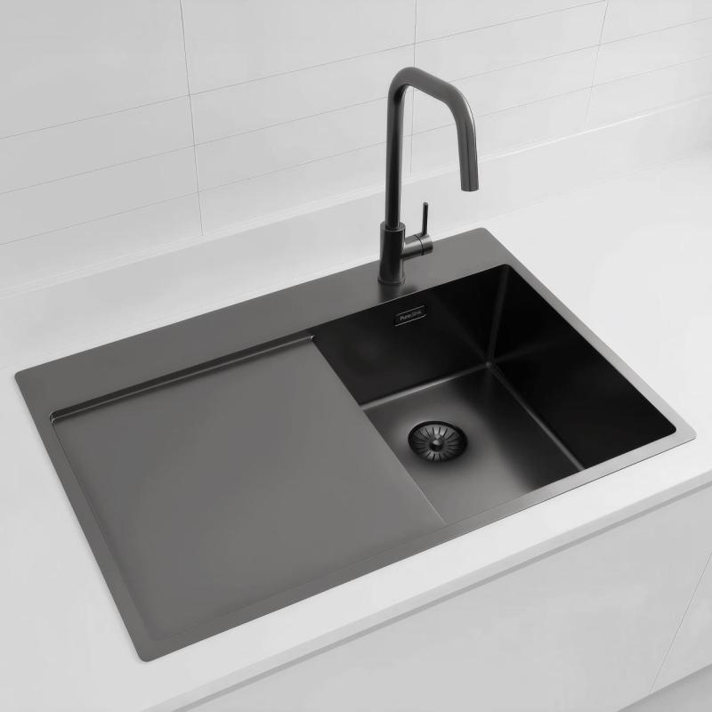 Pure.Sink Exclusivo Gun Metal kis mosogató csapteleppel és csepegtetővel 78x52 cm Tapwing jobb PEX3478RT-61