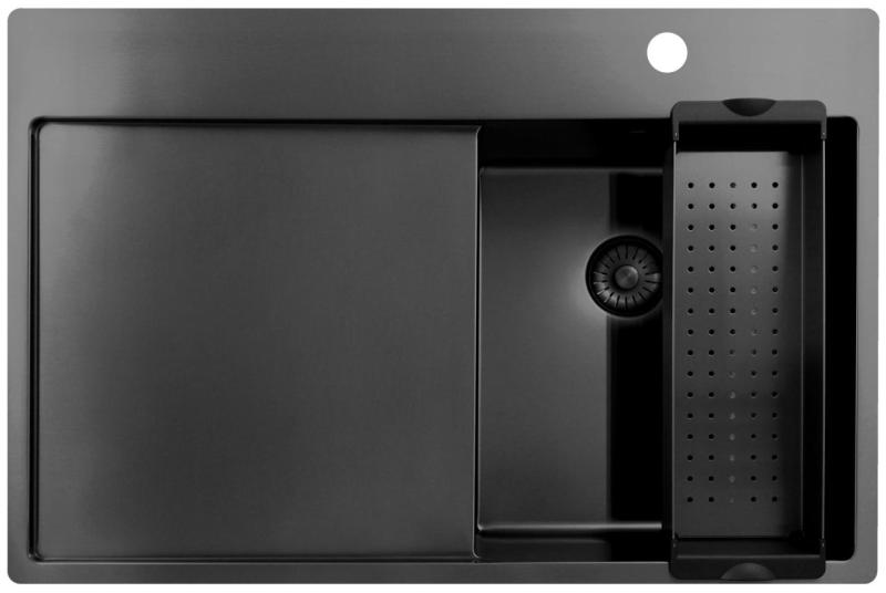 Pure.Sink Exclusivo Gun Metal kis mosogató csapteleppel és csepegtetővel 78x52 cm Tapwing jobb PEX3478RT-61