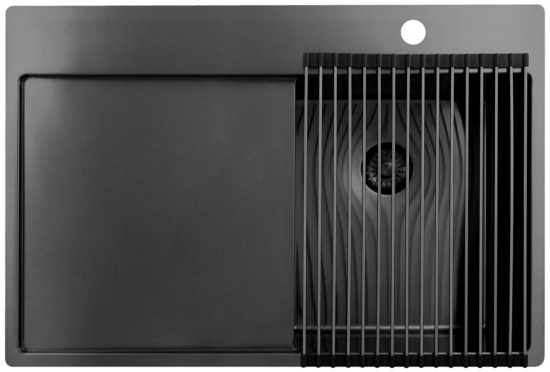 Pure.Sink Exclusivo Gun Metal kis mosogató csapteleppel és csepegtetővel 78x52 cm Tapwing jobb PEX3478RT-61