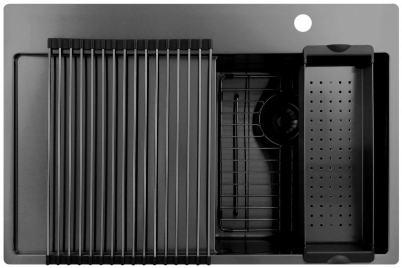 Pure.Sink Exclusivo Gun Metal kis mosogató csapteleppel és csepegtetővel 78x52 cm Tapwing jobb PEX3478RT-61