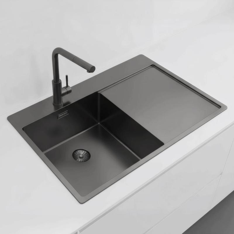 Pure.Sink Exclusivo Gun Metal mosogató csapteleppel, csepegtetőrészleggel 78x52 cm Tapwing bal PEX4078LT-61