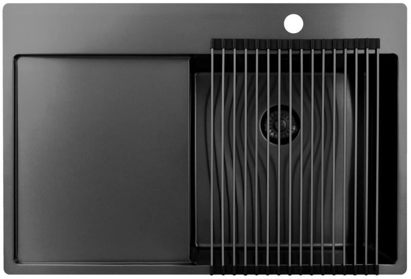 Pure.Sink Exclusivo Gun Metal mosogató csapteleppel, csepegtető résszel 78x52 cm Tapwing jobb PEX4078RT-61