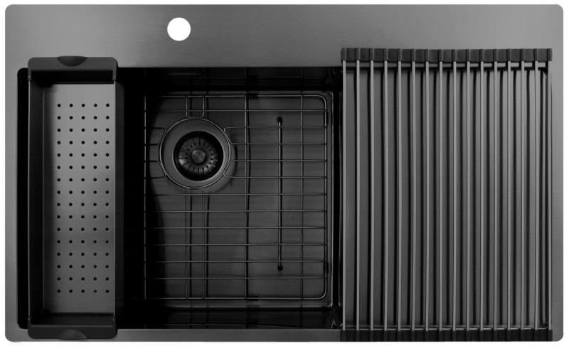 Pure.Sink Exclusivo Gun Metal mosogató csapteleppel és lecsepegtető résszel 86x52 cm Tapwing bal PEX5086LT-61