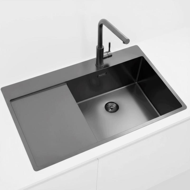 Pure.Sink Exclusivo Gun Metal mosogató csapteleppel és csepegtető részzel 86x52 cm Tapwing jobb oldali PEX5086RT-61