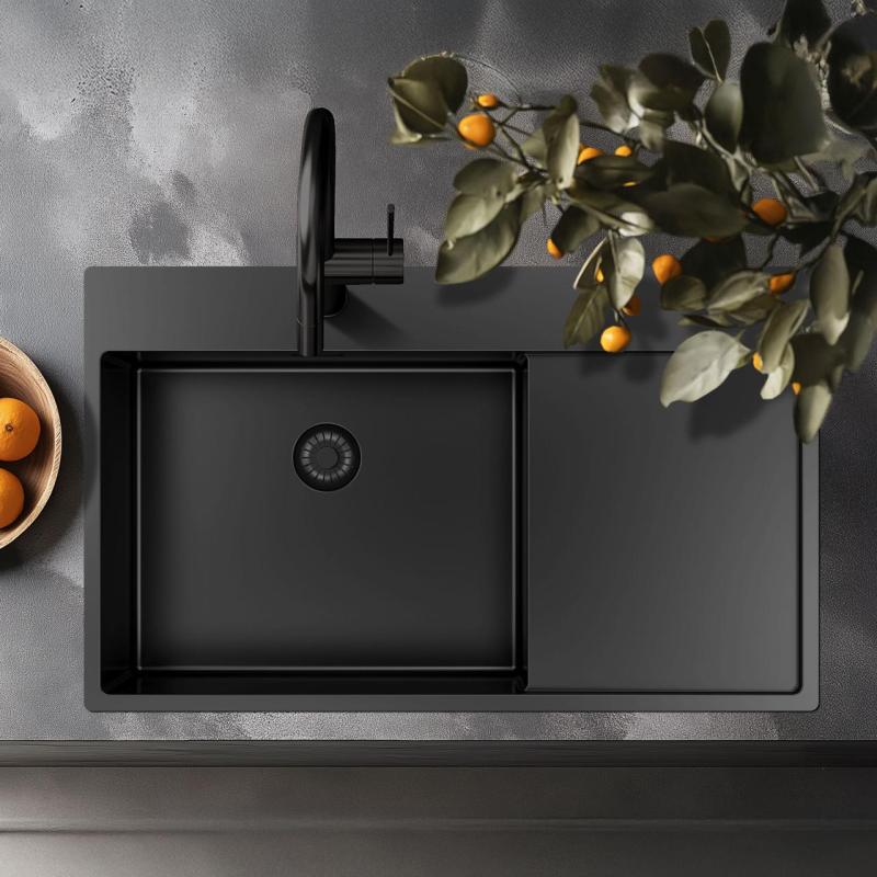 Pure.Sink Exclusivo Gun Metal mosogató csapteleppel és csepegtető részzel 86x52 cm Tapwing jobb oldali PEX5086RT-61