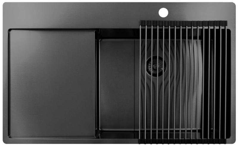 Pure.Sink Exclusivo Gun Metal mosogató csapteleppel és csepegtető részzel 86x52 cm Tapwing jobb oldali PEX5086RT-61