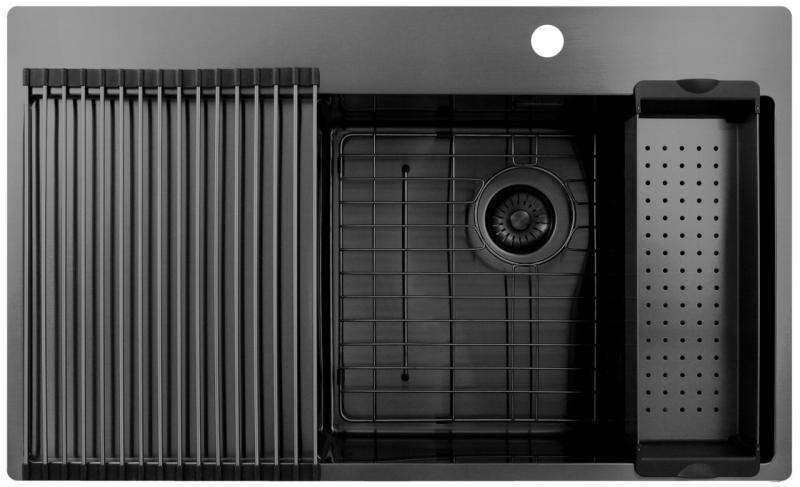 Pure.Sink Exclusivo Gun Metal mosogató csapteleppel és csepegtető részzel 86x52 cm Tapwing jobb oldali PEX5086RT-61