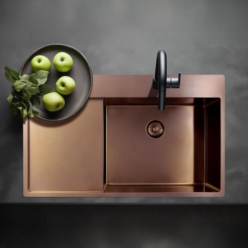 Pure.Sink Exclusivo Réz mosogató csapteleppel és csepegtető résszel 86x52 cm Jobboldali csaptelep PEX5086RT-62