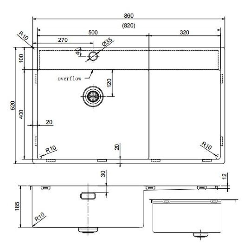 Pure.Sink Exclusivo Réz mosogató csapteleppel és csepegtető résszel 86x52 cm Jobboldali csaptelep PEX5086RT-62