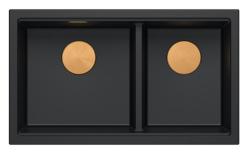 Quadri Newport II Dupla Fekete Gránit Felületi Mosogató 76x45 cm Réz dugóval 1208971361