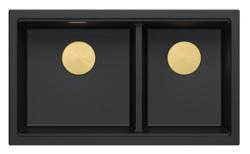 Quadri Newport II Dupla Fekete Gránit Felületi Mosogató 76x45 cm Arany dugóval 1208971366
