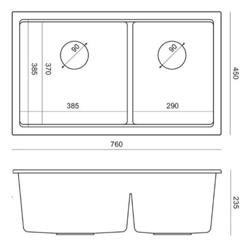 Quadri Newport II Dupla Fekete Gránit Alulról Szerelhető Mosogató 702 x 390 mm Réz dugóval 1208971376