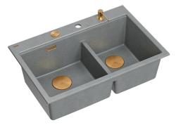Quadri Hard Rock Dupla Szürke Gránit Felületre Szerelhető Mosogató 76x50 cm Réz dugóval és kiegészítőkkel 1208971389