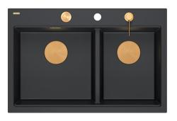 Quadri Hard Rock Dupla Fekete Gránit Felépített Mosogató 76x50 cm Réz dugóval és kiegészítőkkel 1208971390