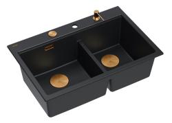Quadri Hard Rock Dupla Fekete Gránit Felépített Mosogató 76x50 cm Réz dugóval és kiegészítőkkel 1208971390