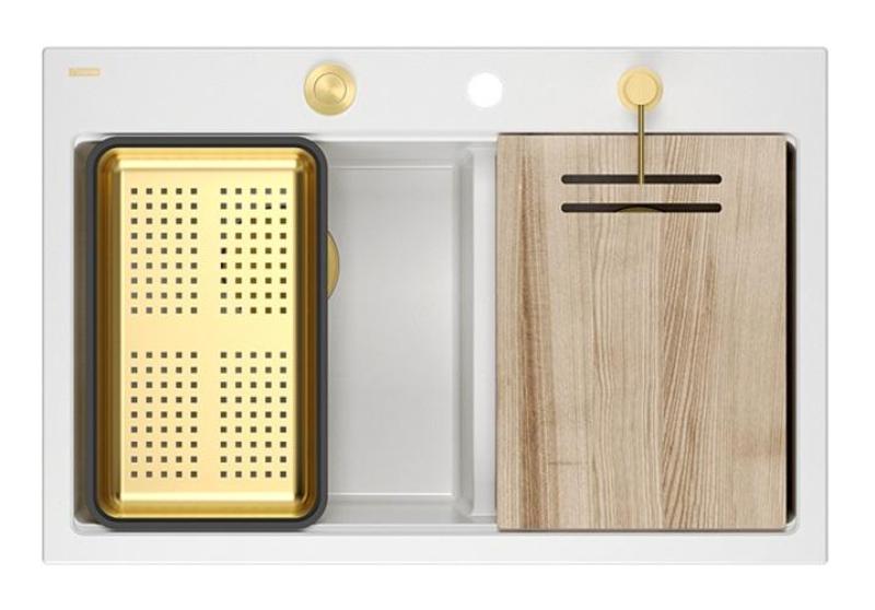 Quadri Hard Rock Dupla Fehér Gránit Felületi Mosogató 76x50 cm Arany dugóval és tartozékokkal 1208971392