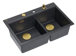 Quadri Hard Rock Dupla Antracit Gránit Felületi Mosogató 76x50 cm Arany dugóval és tartozékokkal 1208971393