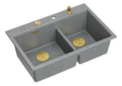 Quadri Hard Rock Dupla Szürke Gránit Felületi Mosogató 76x50 cm Arany dugóval és tartozékokkal 1208971394